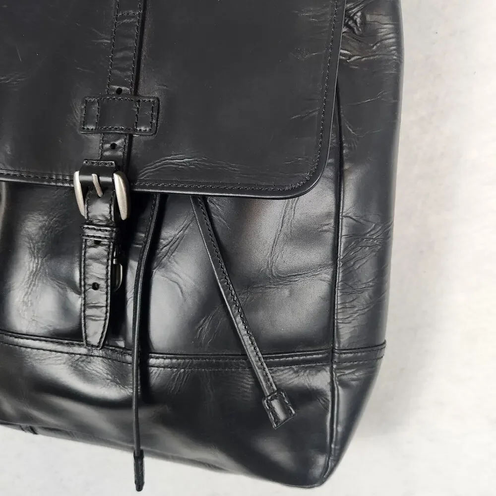 NWT Fossil Rucksack Black Emerson Leather Woven Canvas Straps Tassel Drawstring